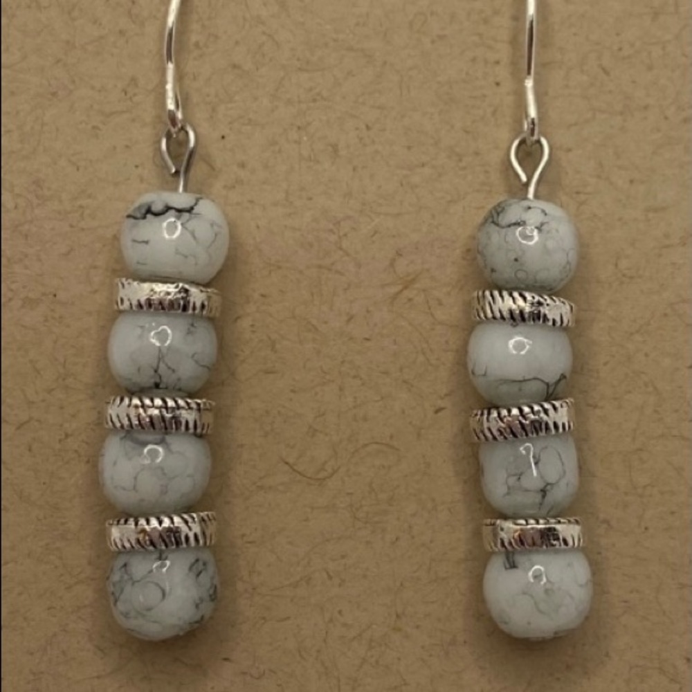 White and Gray Marble with Silver Accent | Earring Pair